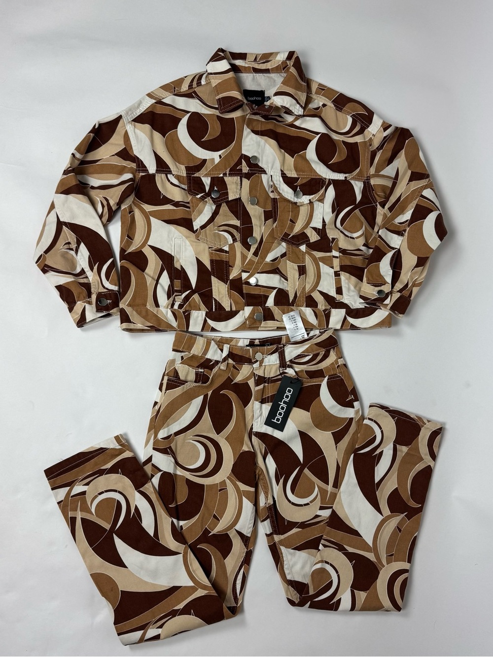 Boohoo Brown, Tan and Cream Swirl Print Boyfriend Jeans Set